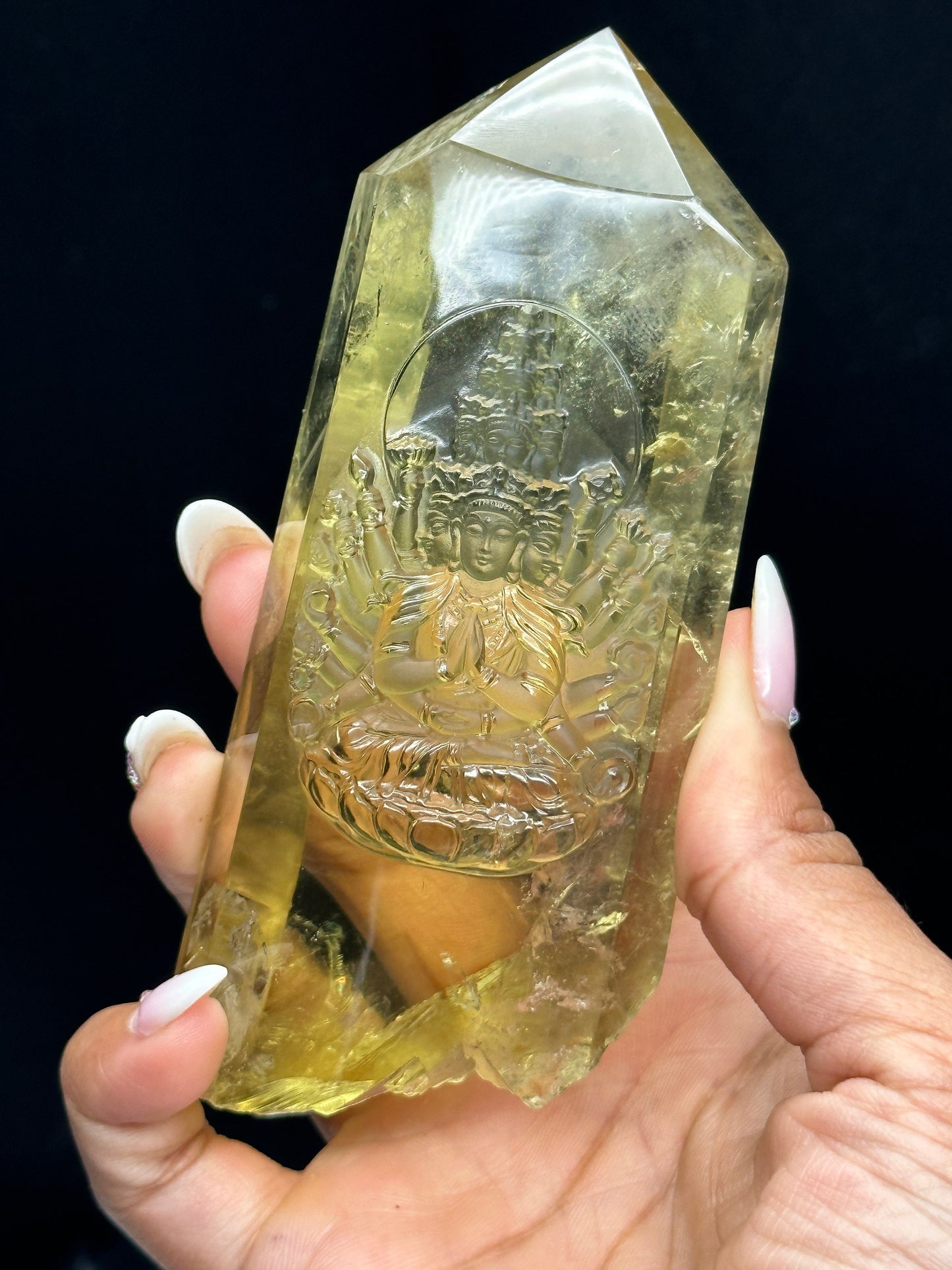 Hand-carved natural Citrine crystal The Thousand Hands Bodhisattva Carving, Guan yin Carving, Buddha Statue