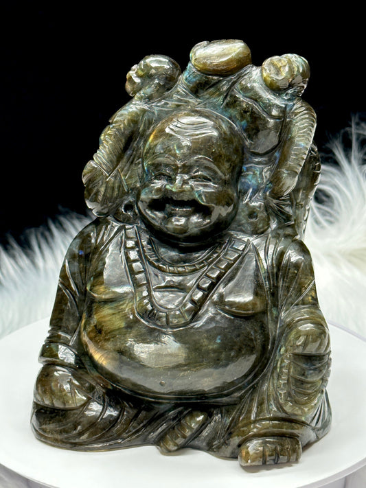 Labradorite Laughing Buddha - handmade carving of serene and smiling Buddha or Hotei - crystal/reiki/healing - 12 inch & 3 kg (6 lb)