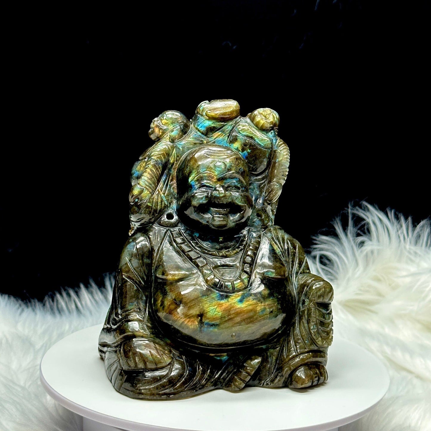 Labradorite Laughing Buddha - handmade carving of serene and smiling Buddha or Hotei - crystal/reiki/healing - 12 inch & 3 kg (6 lb)