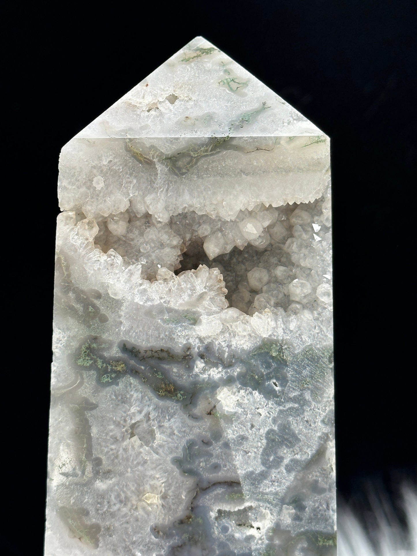 Forgiveness & Happiness Moss Agate Tower, Druzy Moss Agate Tower, Moss Agate Point, 1kg and 15 inches tall