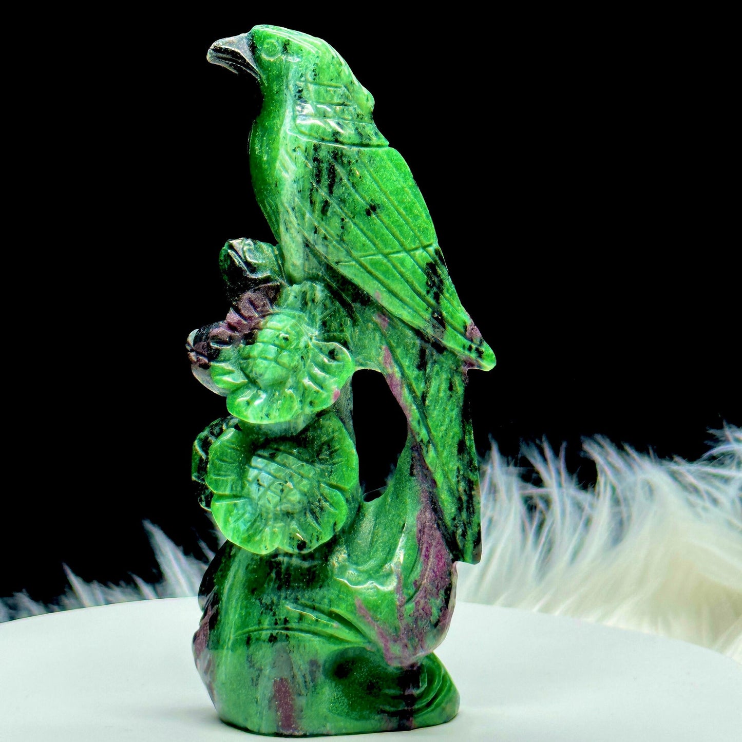 Ruby Zoisite Bird Carving, Parrot Carving