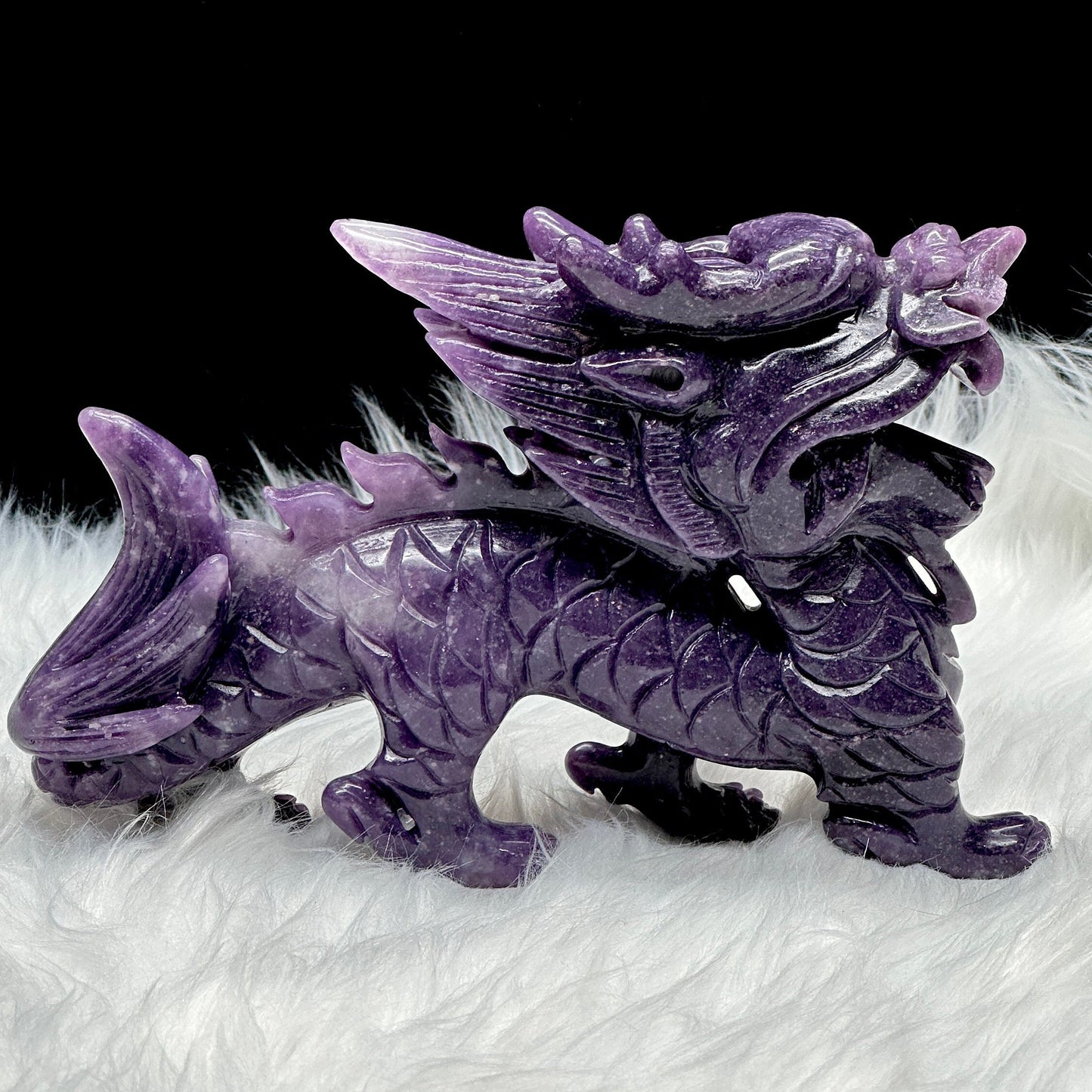 Lepidolite crystal Qilin | Lepidolite Crystal Dragon Carving | Symbol of luck, good omens, protection, and prosperity