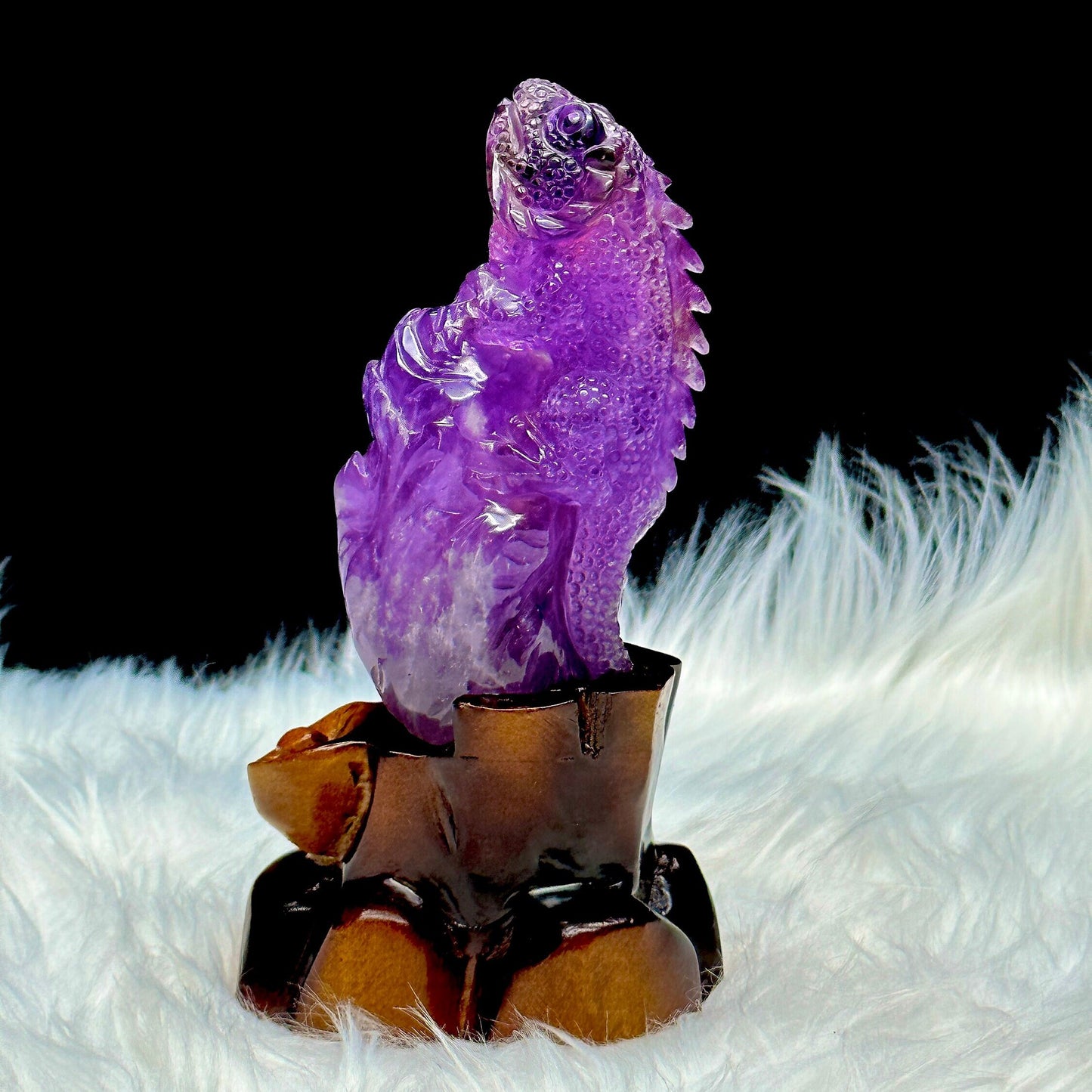 Ametrine Lizard Carving On a Carved Wooden Stand, Hand Carved Ametrine Crystal Lizard Carving