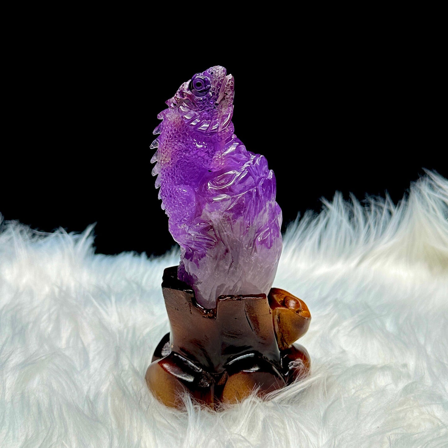 Ametrine Lizard Carving On a Carved Wooden Stand, Hand Carved Ametrine Crystal Lizard Carving