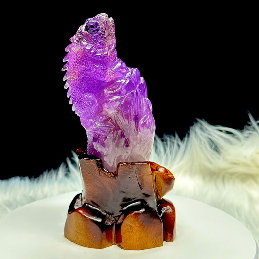 Ametrine Lizard Carving On a Carved Wooden Stand, Hand Carved Ametrine Crystal Lizard Carving