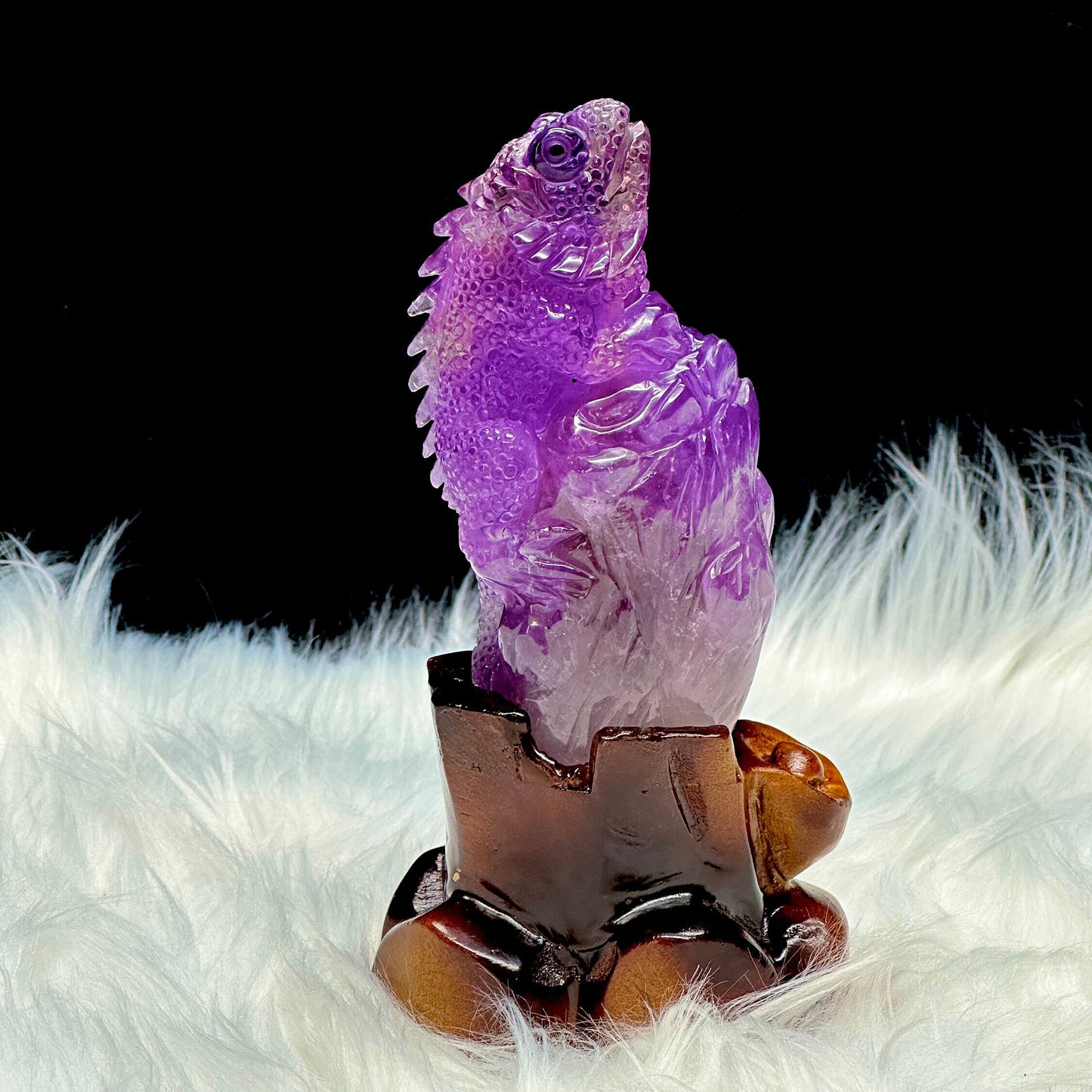 Ametrine Lizard Carving On a Carved Wooden Stand, Hand Carved Ametrine Crystal Lizard Carving