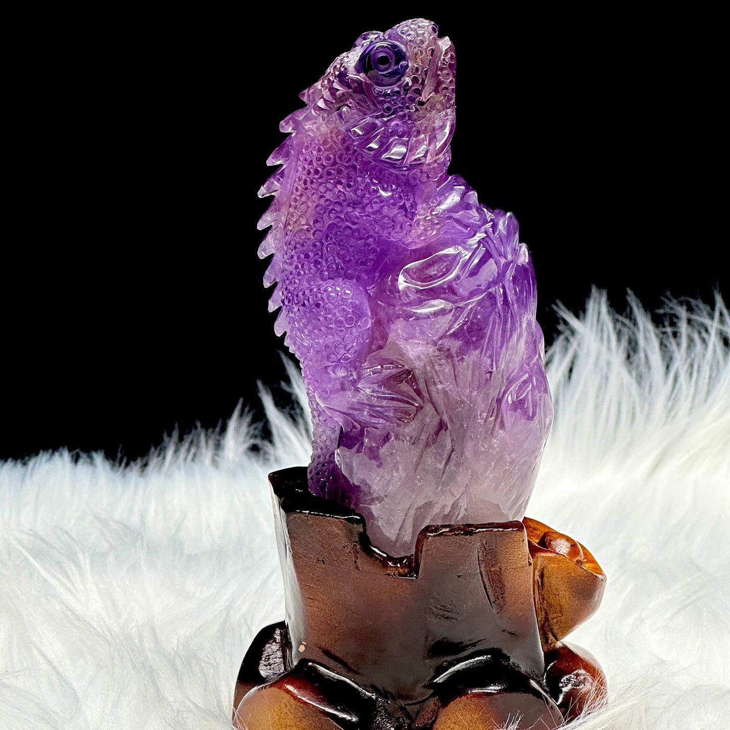 Ametrine Lizard Carving On a Carved Wooden Stand, Hand Carved Ametrine Crystal Lizard Carving