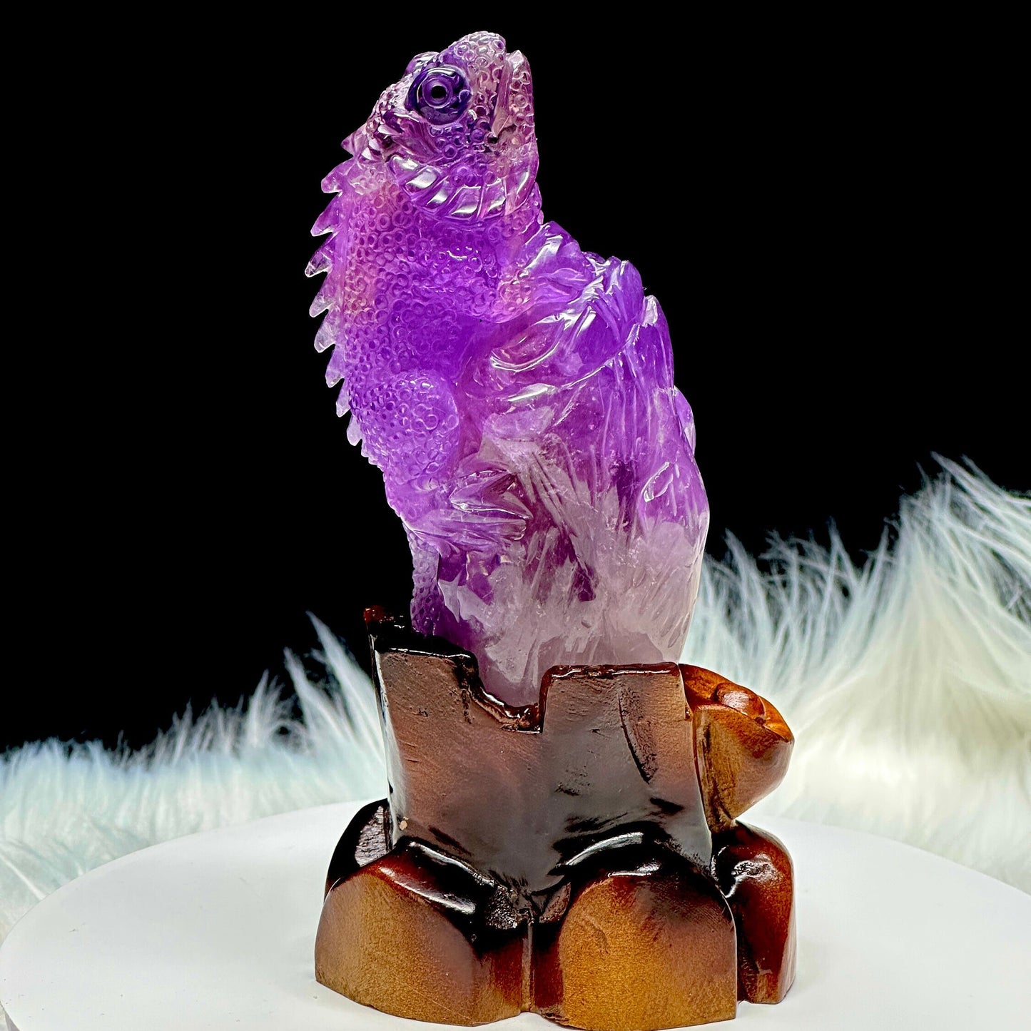 Ametrine Lizard Carving On a Carved Wooden Stand, Hand Carved Ametrine Crystal Lizard Carving