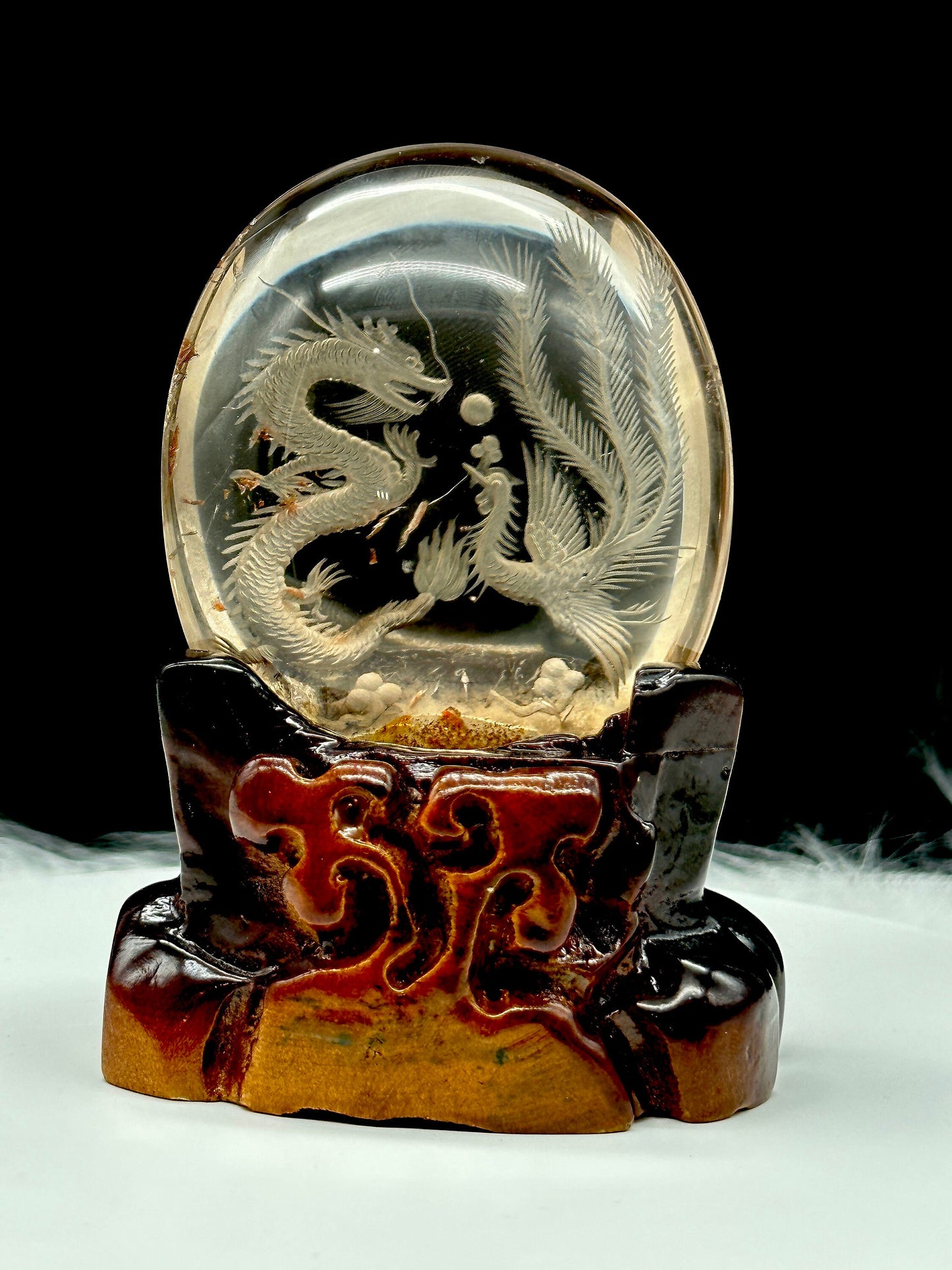 Clear Quartz Crystal Dragon and Phoenix Carving On Custom Wooden Stand, Hand Carved