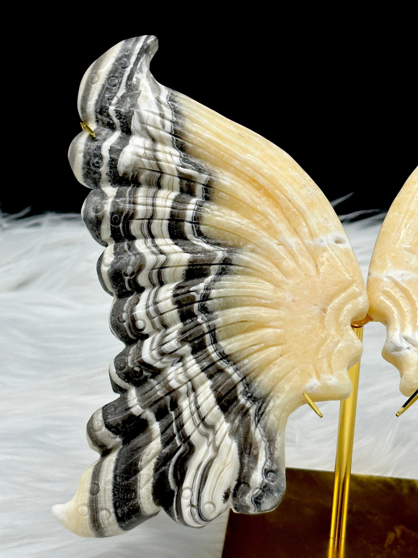 Zebra Calcite Crystal Butterfly Wings On Golden Stand