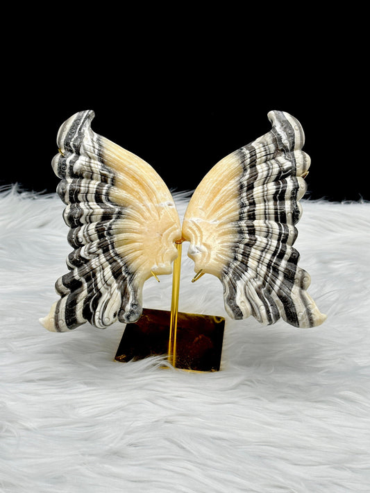 Zebra Calcite Crystal Butterfly Wings On Golden Stand