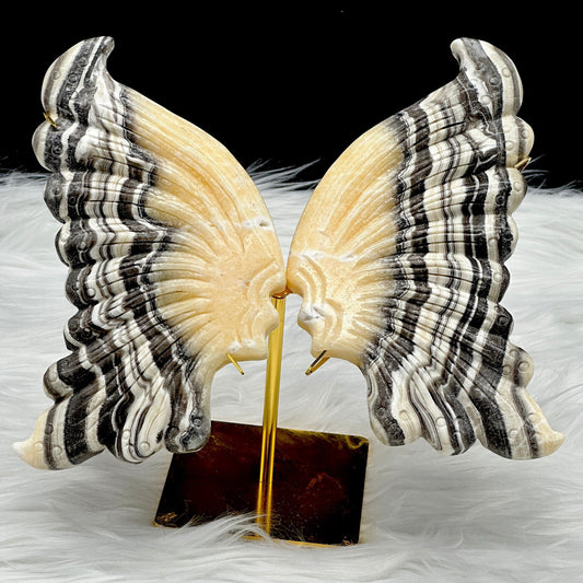 Zebra Calcite Crystal Butterfly Wings On Golden Stand