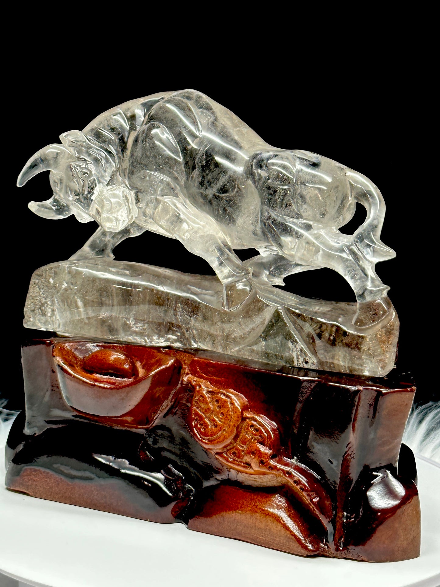 High Quality Clear Quartz Crystal Feng Shui Charging Bull Statue On Custom Carved Wooden Stand, Hand Carved