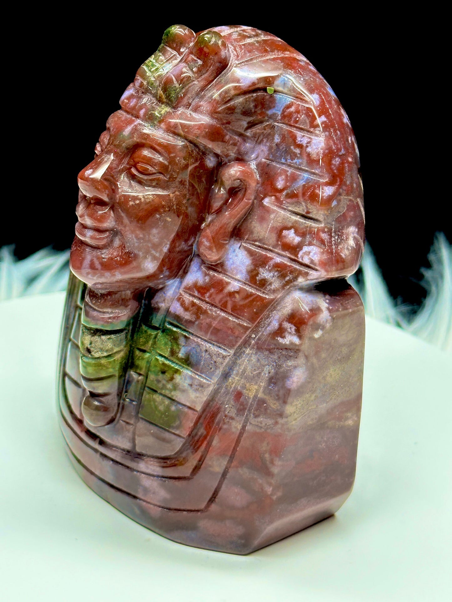 Ocean Jasper Egyptian Pharaoh Statue, OJ Carving of Egyptian Pharaoh