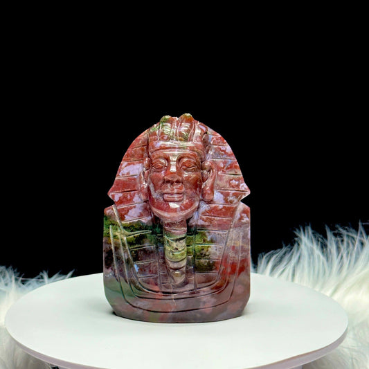 Ocean Jasper Egyptian Pharaoh Statue, OJ Carving of Egyptian Pharaoh