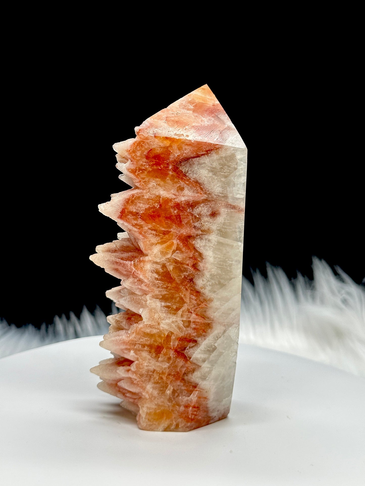 Raw Calcite Tower, Dogtooth calcite tower, large orange calcite polished point - raw calcite specimen freeform - 11 inches tall