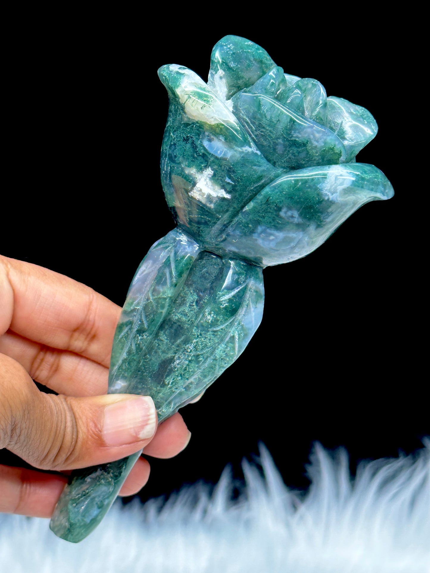 Beautiful Natural Moss Agate Rose Flower Carving, Gift Item, Home Decor