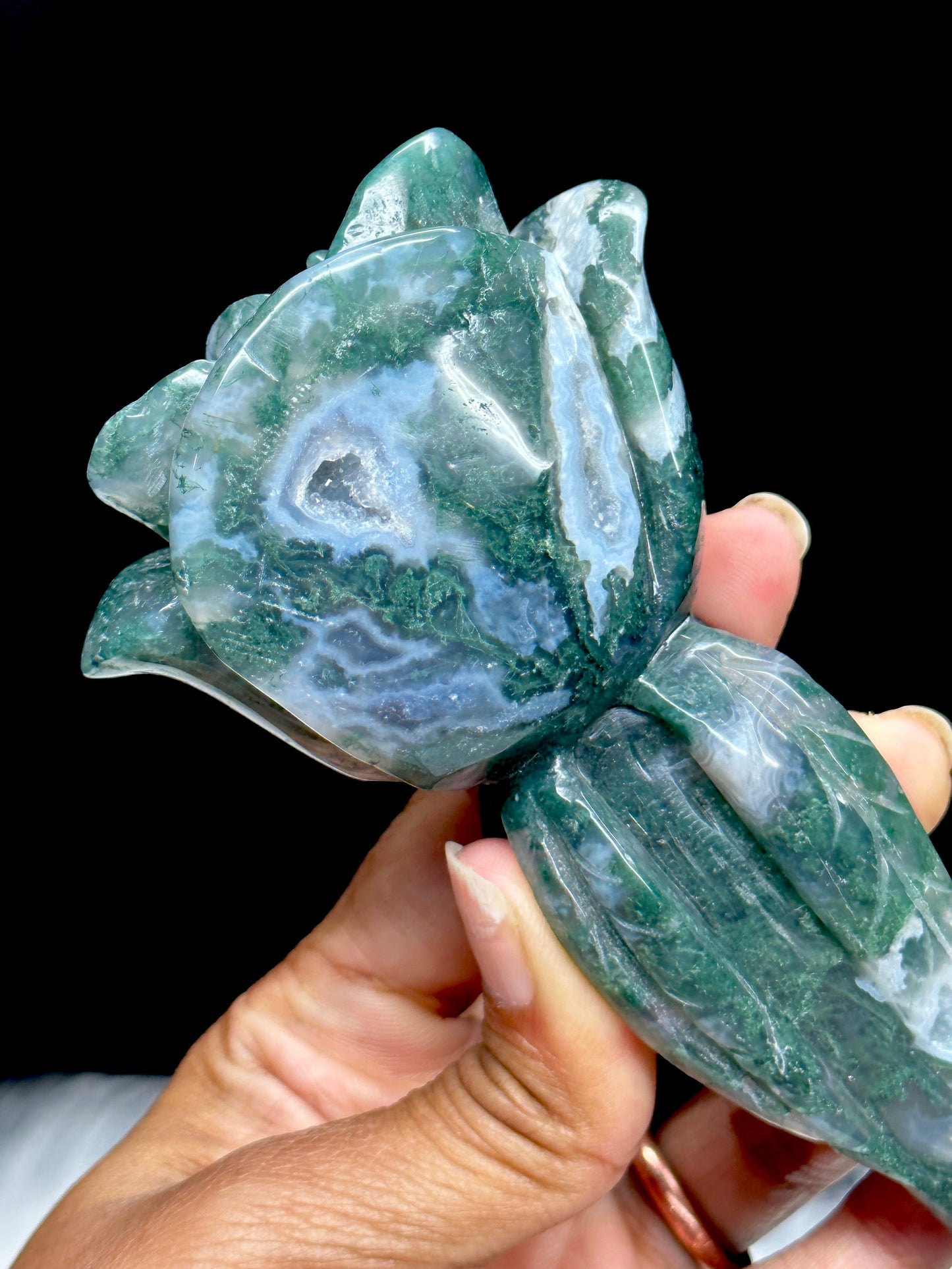 Beautiful Natural Moss Agate Rose Flower Carving, Gift Item, Home Decor