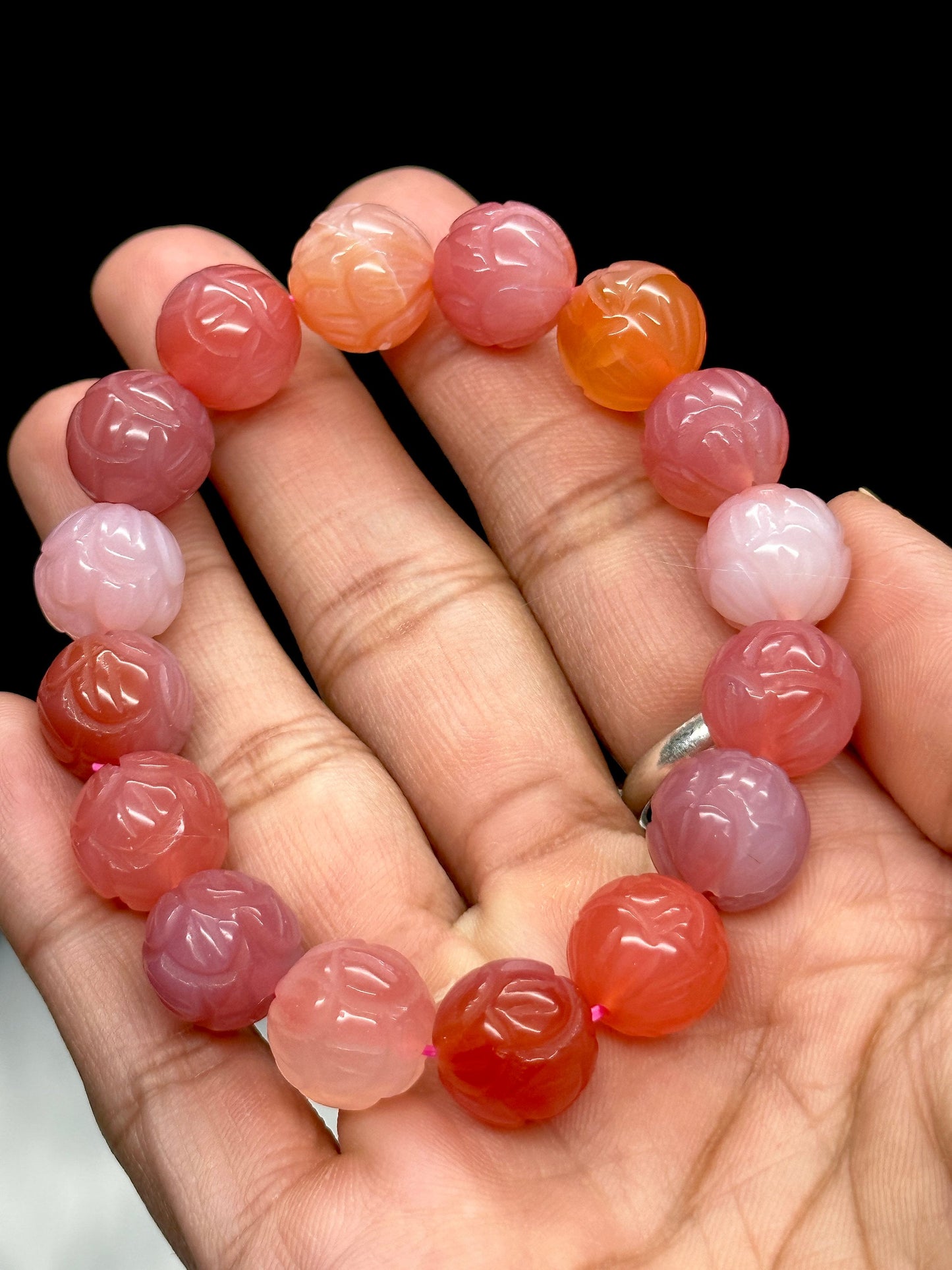 High-quality Natural Yanyuan Agate pink-red lotus flower bracelet, Stone of Strength  Yanyuan Agate Bracelet