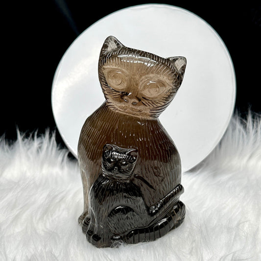 Beautiful Smoky Quartz Cat Carving, Smokey Quartz Crystal Cat Carving