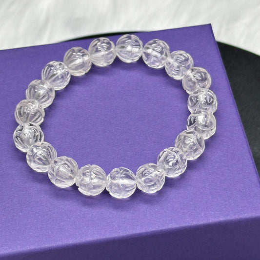 Beautiful Clear Quartz Lotus Bracelet, Clear Quartz Bracelet, Healing Crystal Bracelet, Lotus Flower Carved Gemstone Bracelet