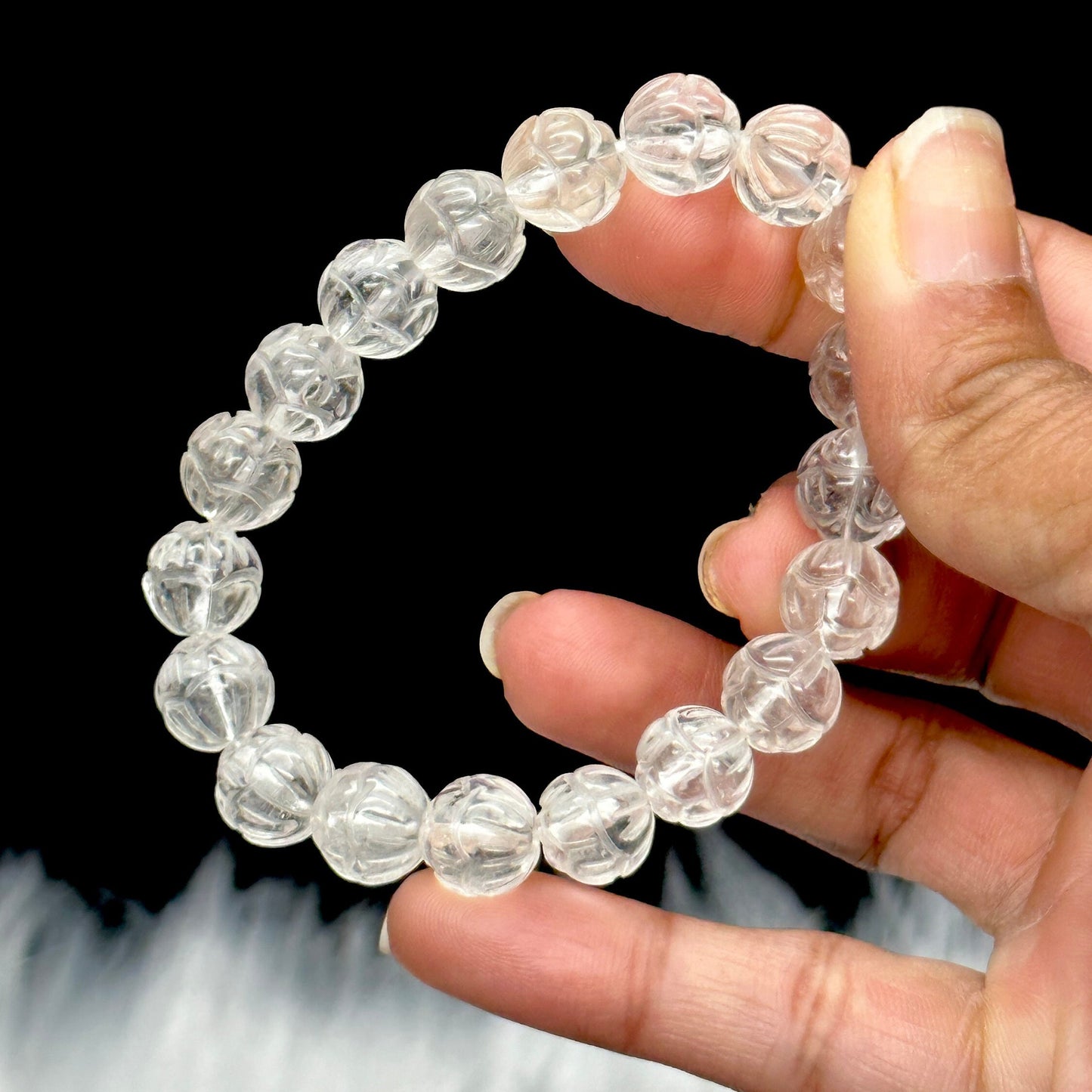 Beautiful Clear Quartz Lotus Bracelet, Clear Quartz Bracelet, Healing Crystal Bracelet, Lotus Flower Carved Gemstone Bracelet