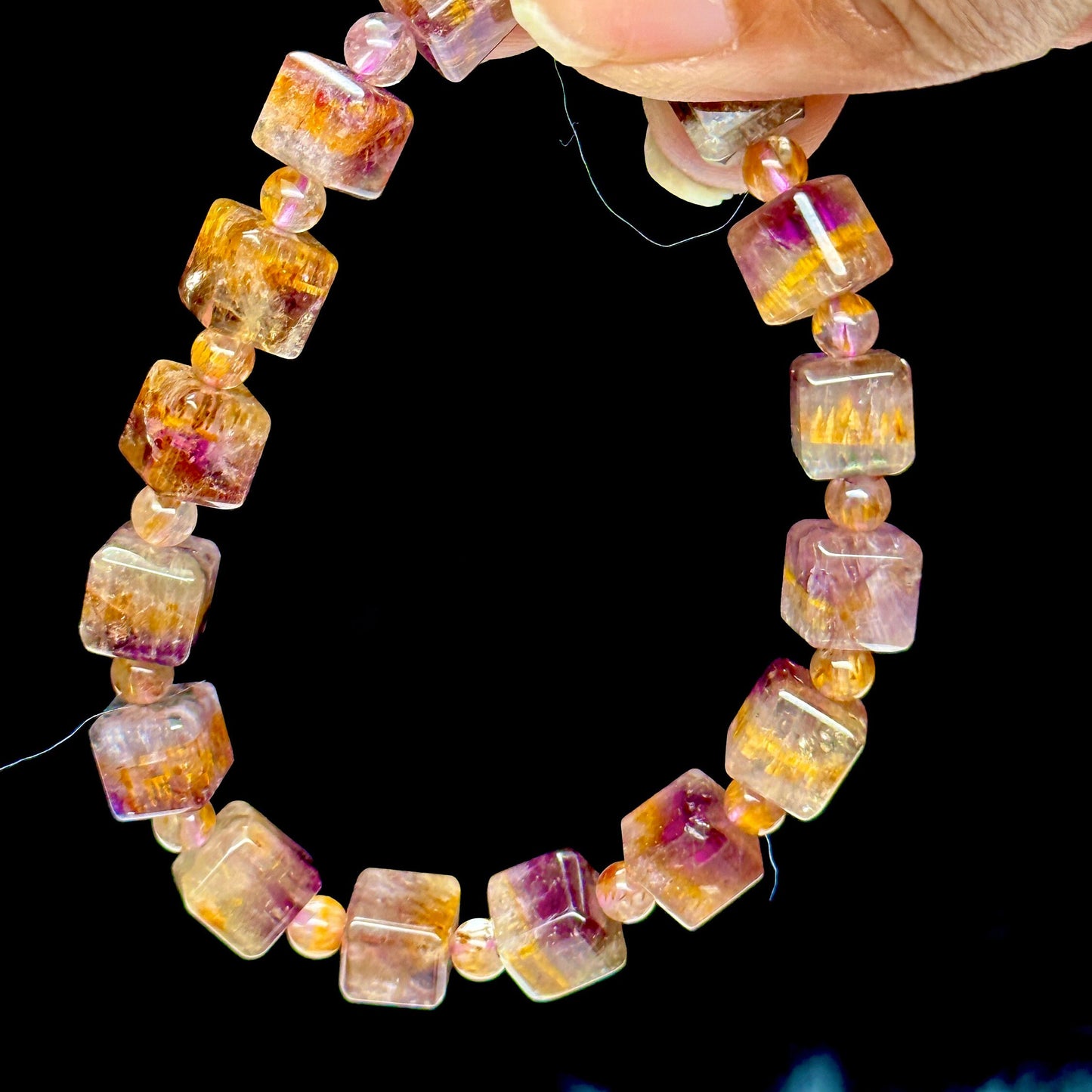 Genuine Natural Cacoxenite Auralite 23 Purple Rutilated Quartz Bracelet 9mm Clear Round Cube Beads Bangle Women and Men