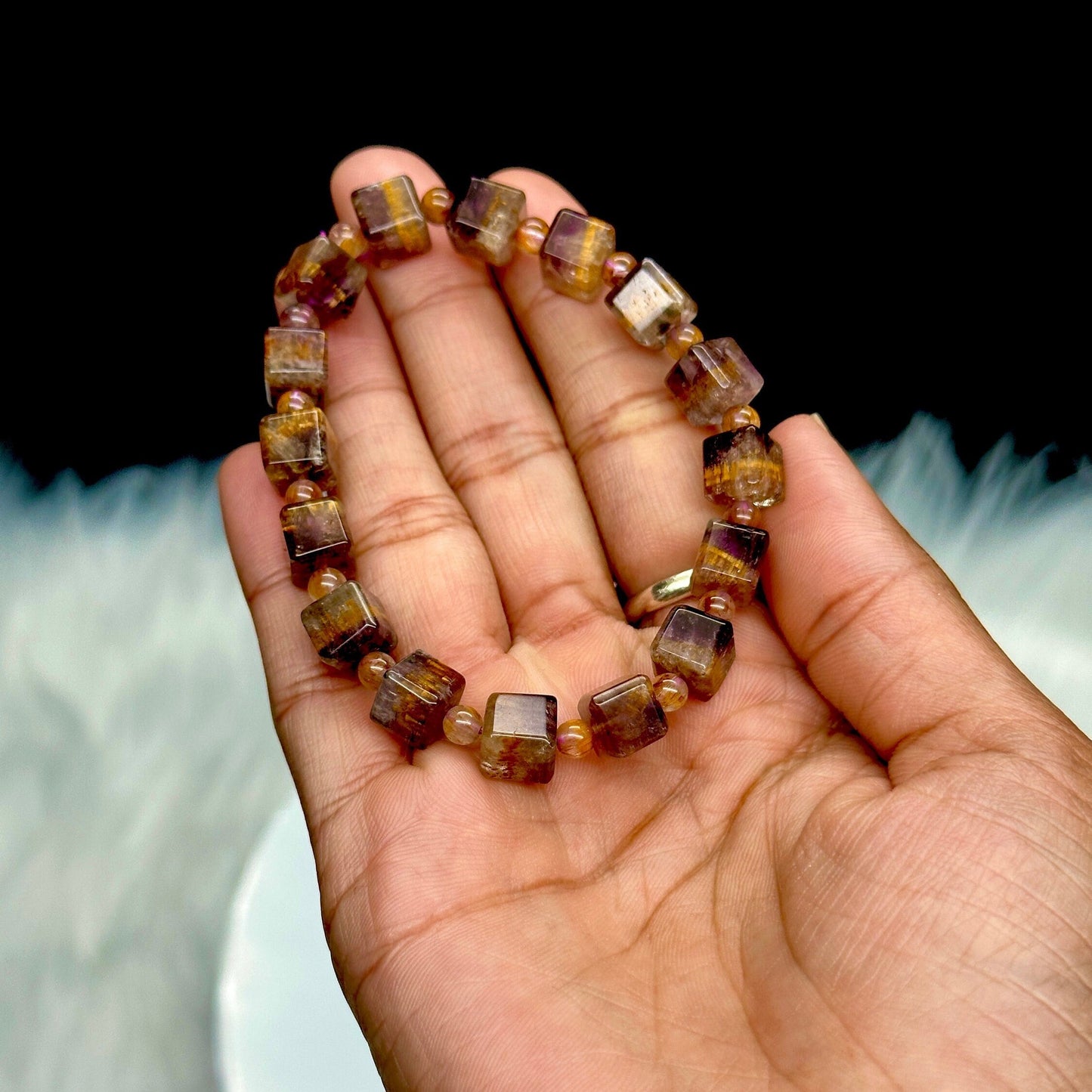 Genuine Natural Cacoxenite Auralite 23 Purple Rutilated Quartz Bracelet 9mm Clear Round Cube Beads Bangle Women and Men