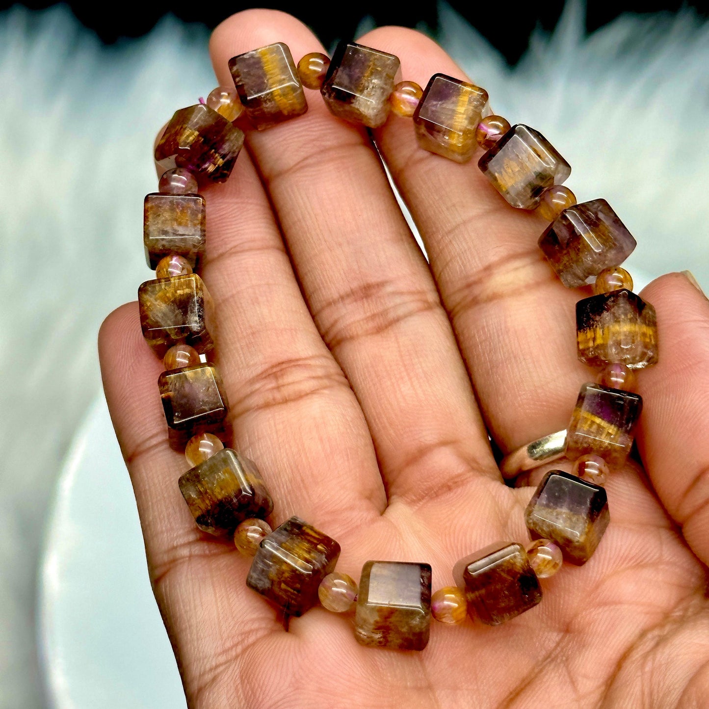 Genuine Natural Cacoxenite Auralite 23 Purple Rutilated Quartz Bracelet 9mm Clear Round Cube Beads Bangle Women and Men