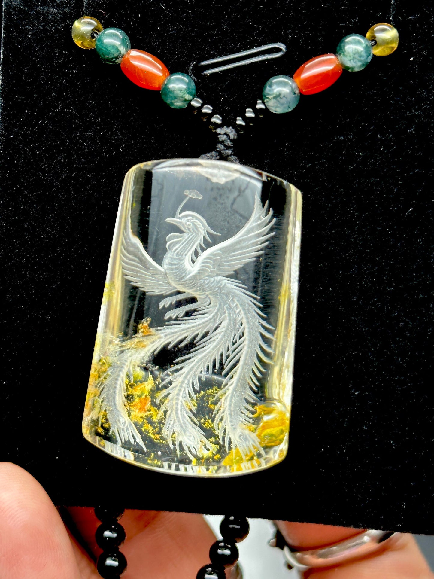 High Quality Clear Quartz Phoenix Carved Pendant Necklace with Black Obsidian beads, Feng Shui, Abundance, Wealth