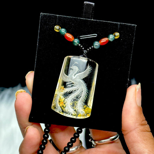 High Quality Clear Quartz Phoenix Carved Pendant Necklace with Black Obsidian beads, Feng Shui, Abundance, Wealth