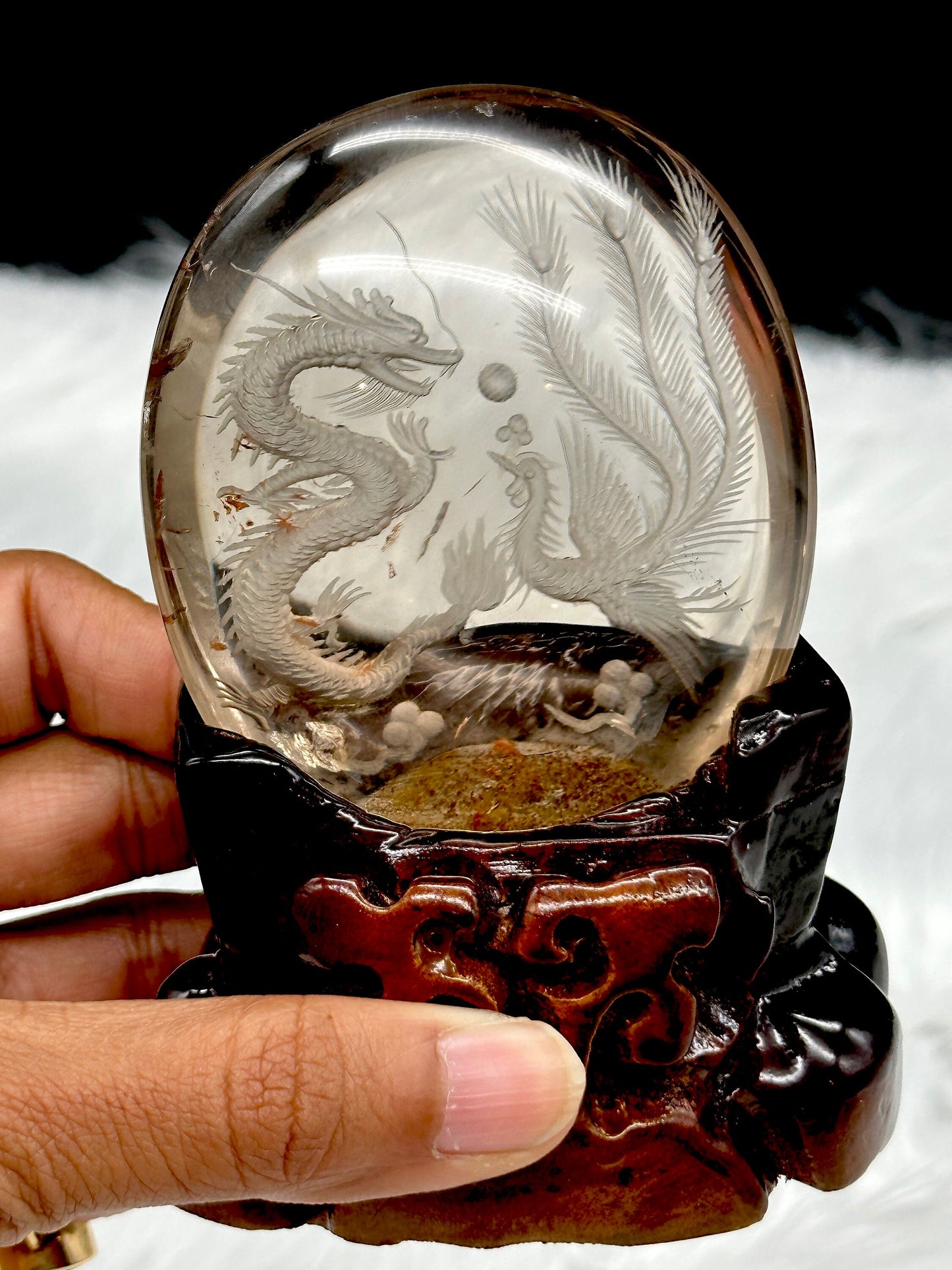 Clear Quartz Crystal Dragon and Phoenix Carving On Custom Wooden Stand, Hand Carved