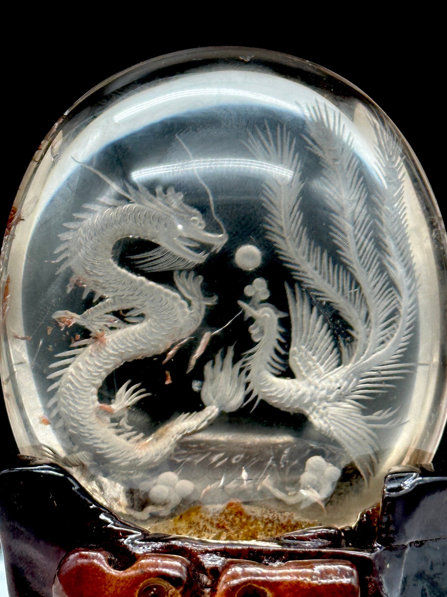 Clear Quartz Crystal Dragon and Phoenix Carving On Custom Wooden Stand, Hand Carved