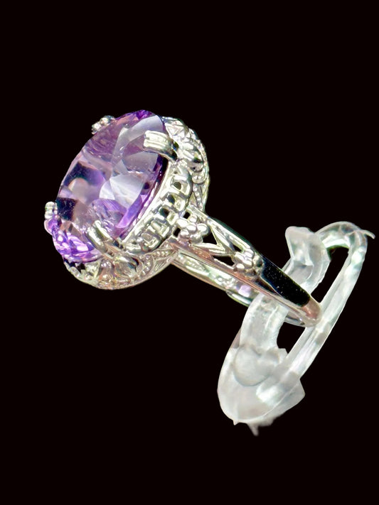 Oval Amethyst Solitaire Vintage Antique Style Sterling Silver Engagement Ring, Amethyst adjustable size Ring, Gift Item