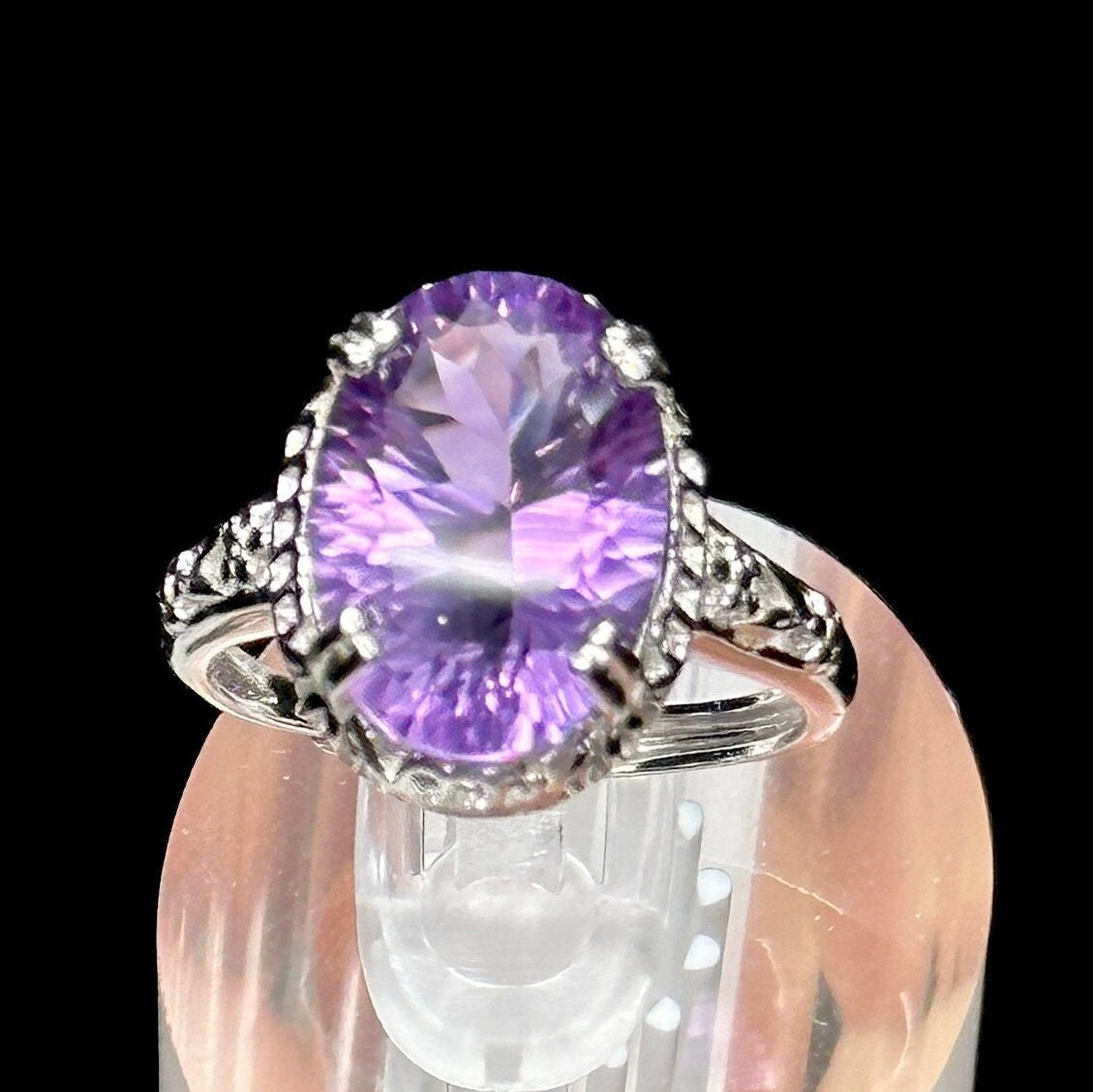 Oval Amethyst Solitaire Vintage Antique Style Sterling Silver Engagement Ring, Amethyst adjustable size Ring, Gift Item