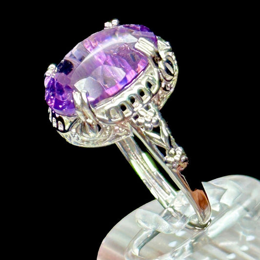 Oval Amethyst Solitaire Vintage Antique Style Sterling Silver Engagement Ring, Amethyst adjustable size Ring, Gift Item