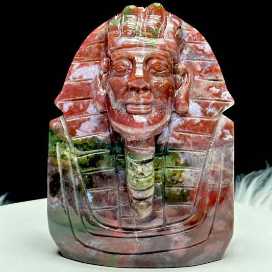 Ocean Jasper Egyptian Pharaoh Statue, OJ Carving of Egyptian Pharaoh