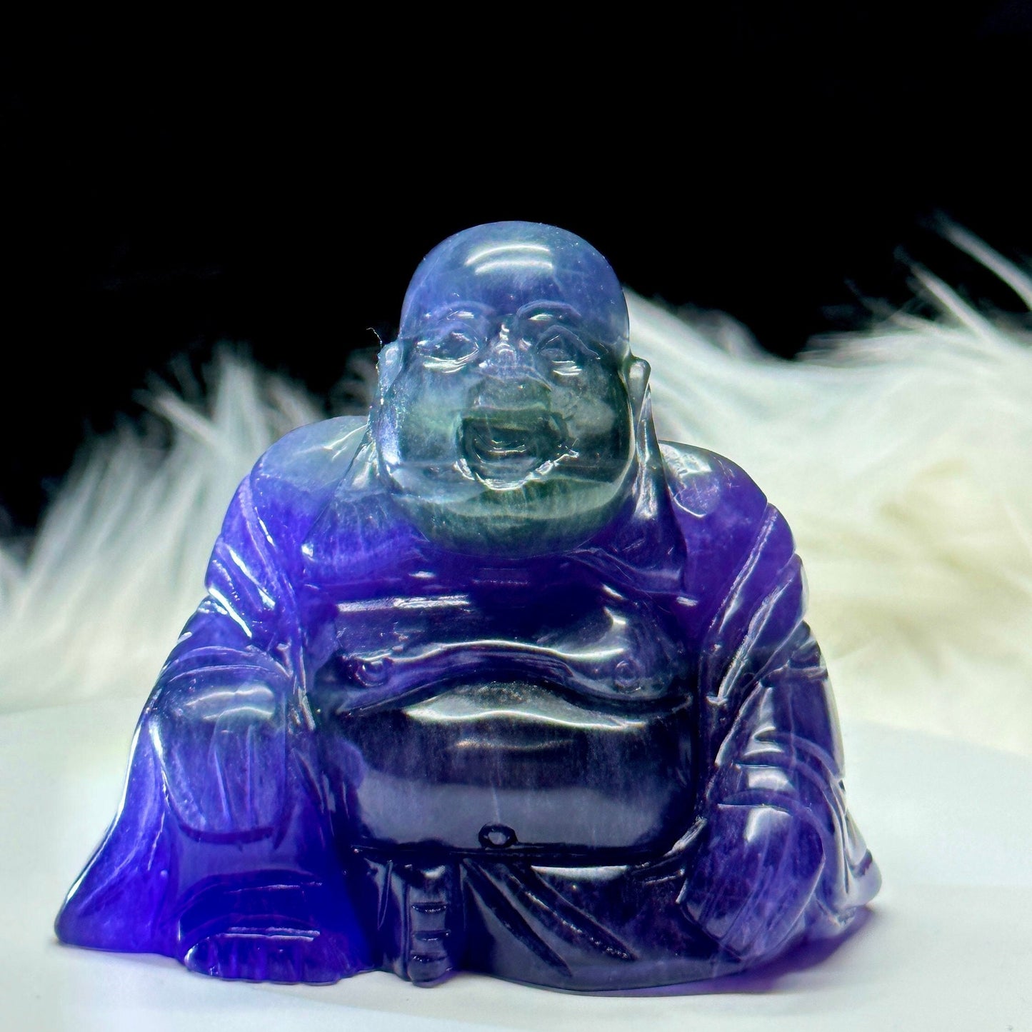 Rare Blue/Purple Fluorite Laughing Buddha Statue, Feng Shui Laughing Buddha Carving