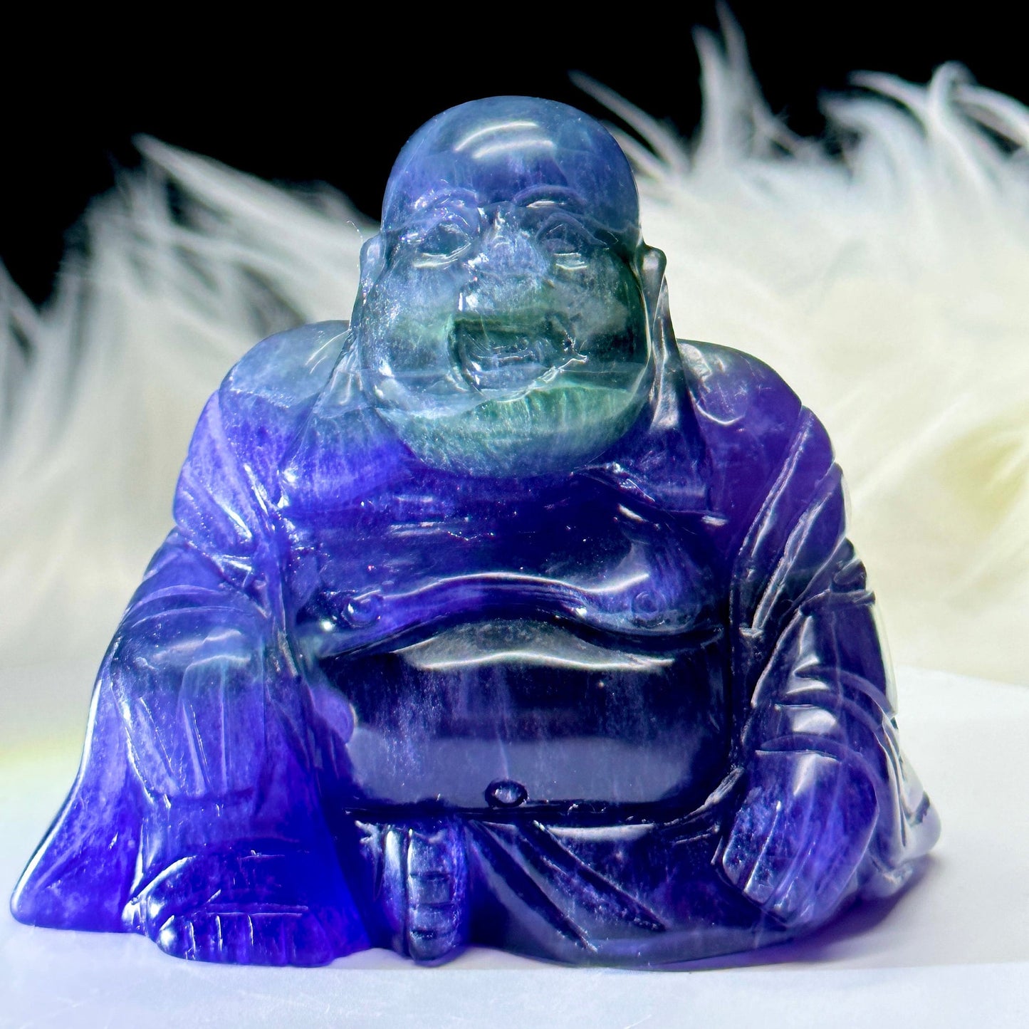 Rare Blue/Purple Fluorite Laughing Buddha Statue, Feng Shui Laughing Buddha Carving