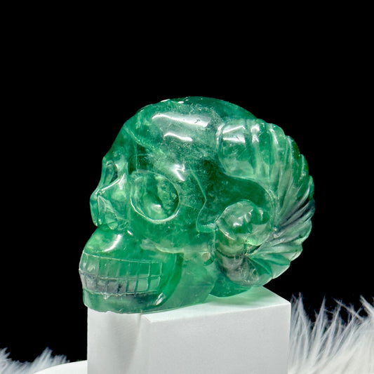 Super High Quality Natural Green Fluorite Skull with horn, Crystal Skull, Hand Carved Super Realistic Skull