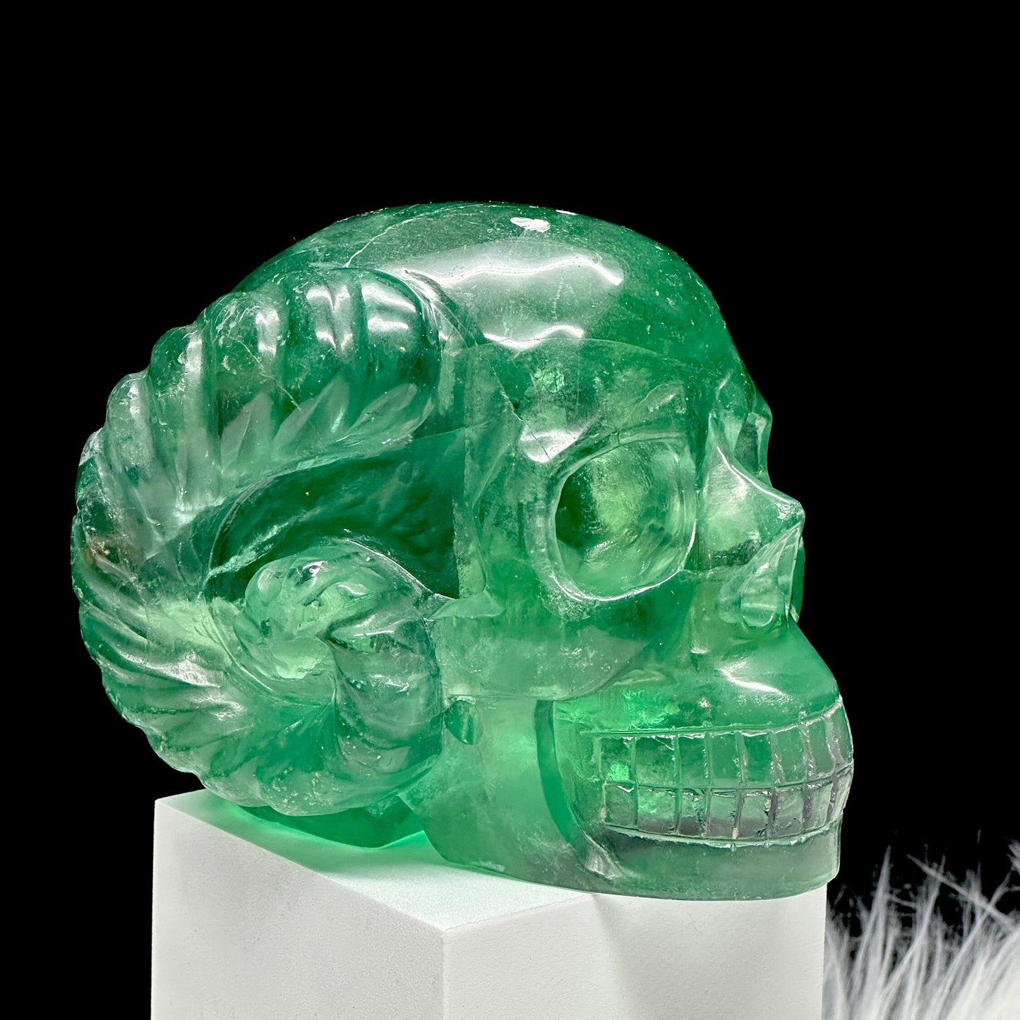 Super High Quality Natural Green Fluorite Skull with horn, Crystal Skull, Hand Carved Super Realistic Skull