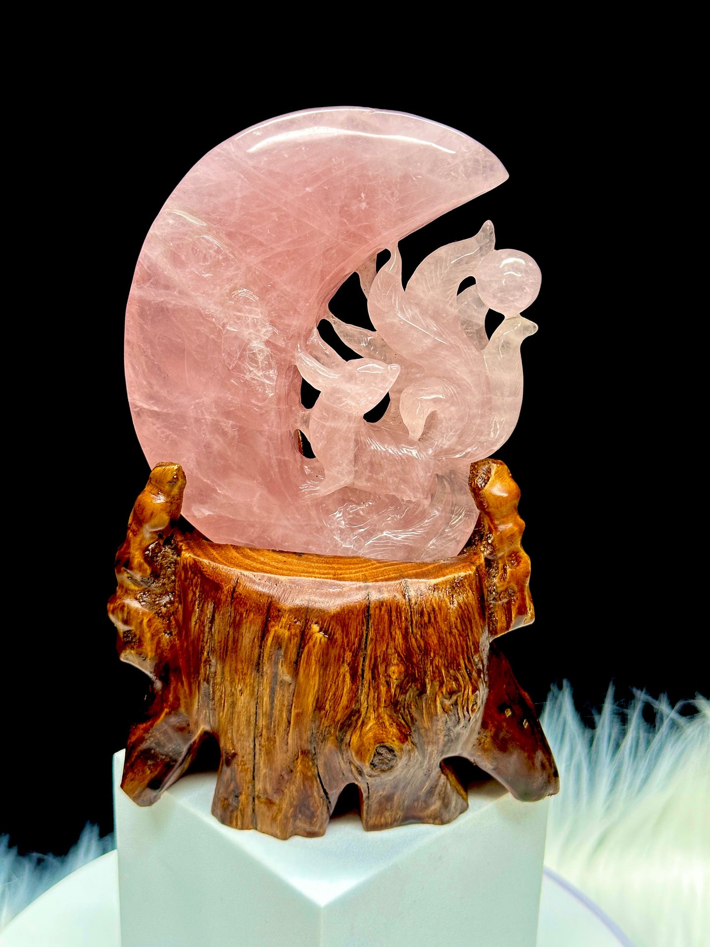 Beautiful Rose Quartz Nine Tail  Fox Carving On Custom Wooden Stand