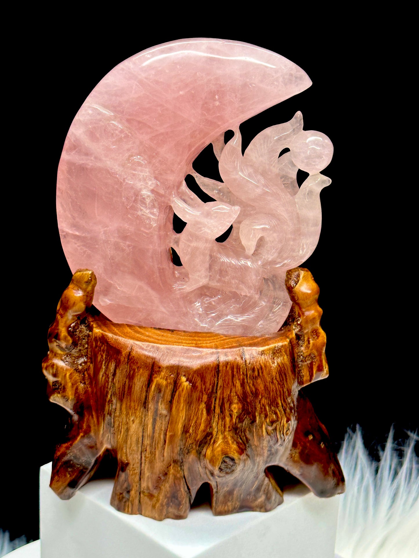 Beautiful Rose Quartz Nine Tail  Fox Carving On Custom Wooden Stand