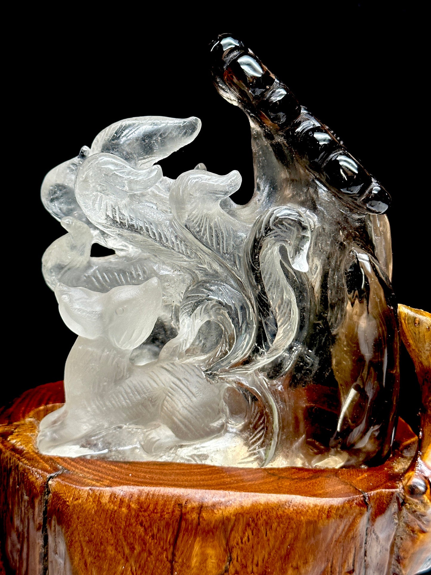 Clear Quartz with Smokey Quartz Nine Tail Fox Carving, Hand Carved, Crystal Fox Carving