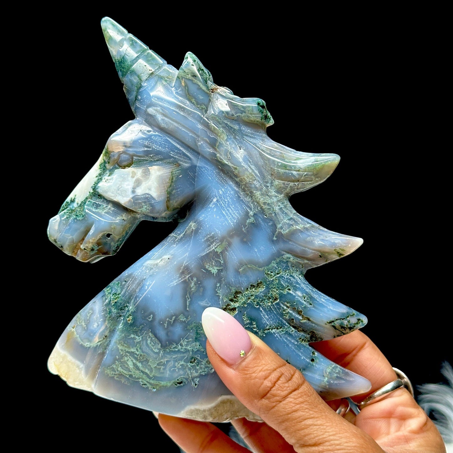 Large Blue Moss Agate Unicorn, Large Unicorn Carving- 4.5 inches height approx.