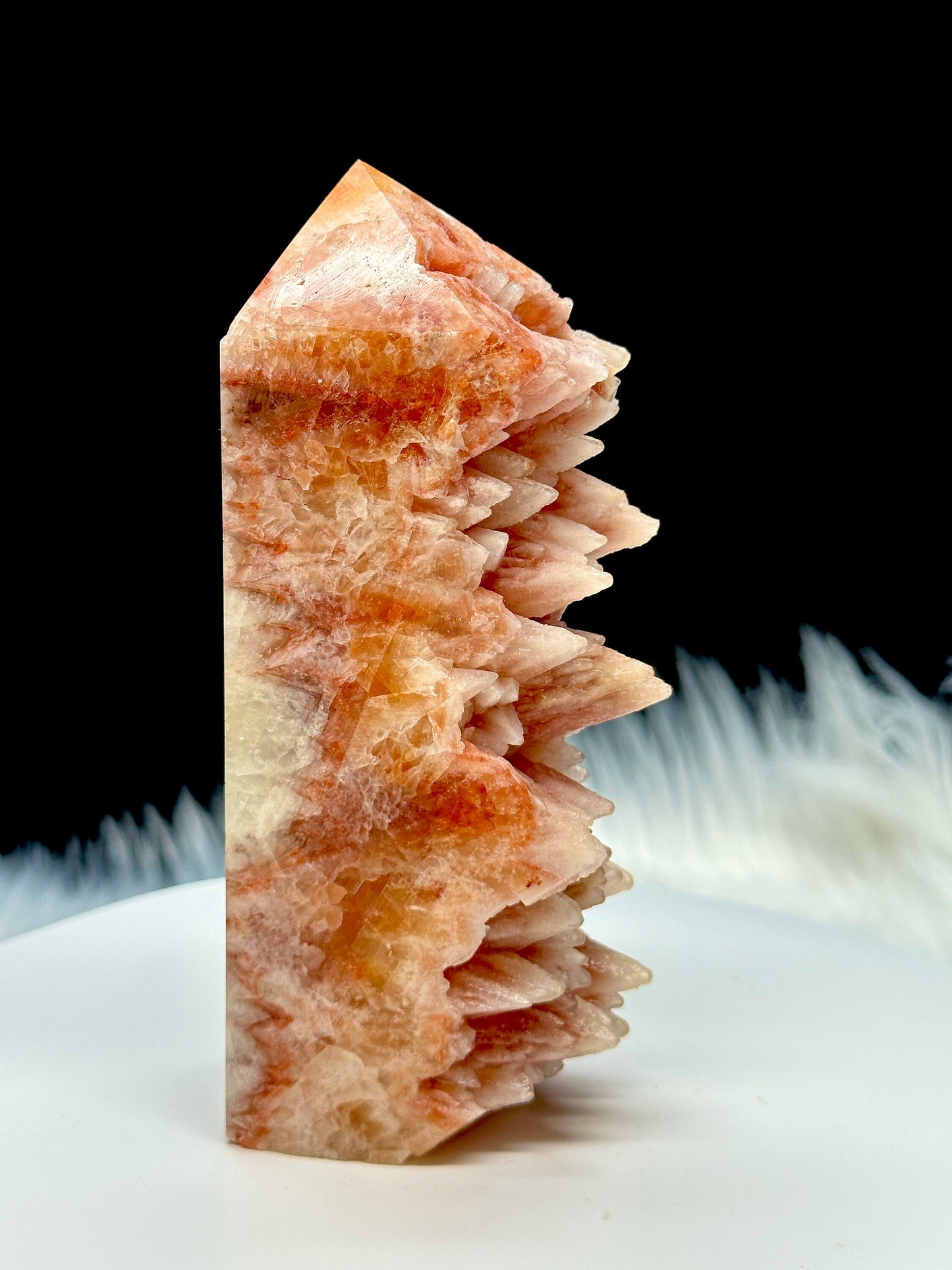 Raw Calcite Tower, Dogtooth calcite tower, large orange calcite polished point - raw calcite specimen freeform - 11 inches tall