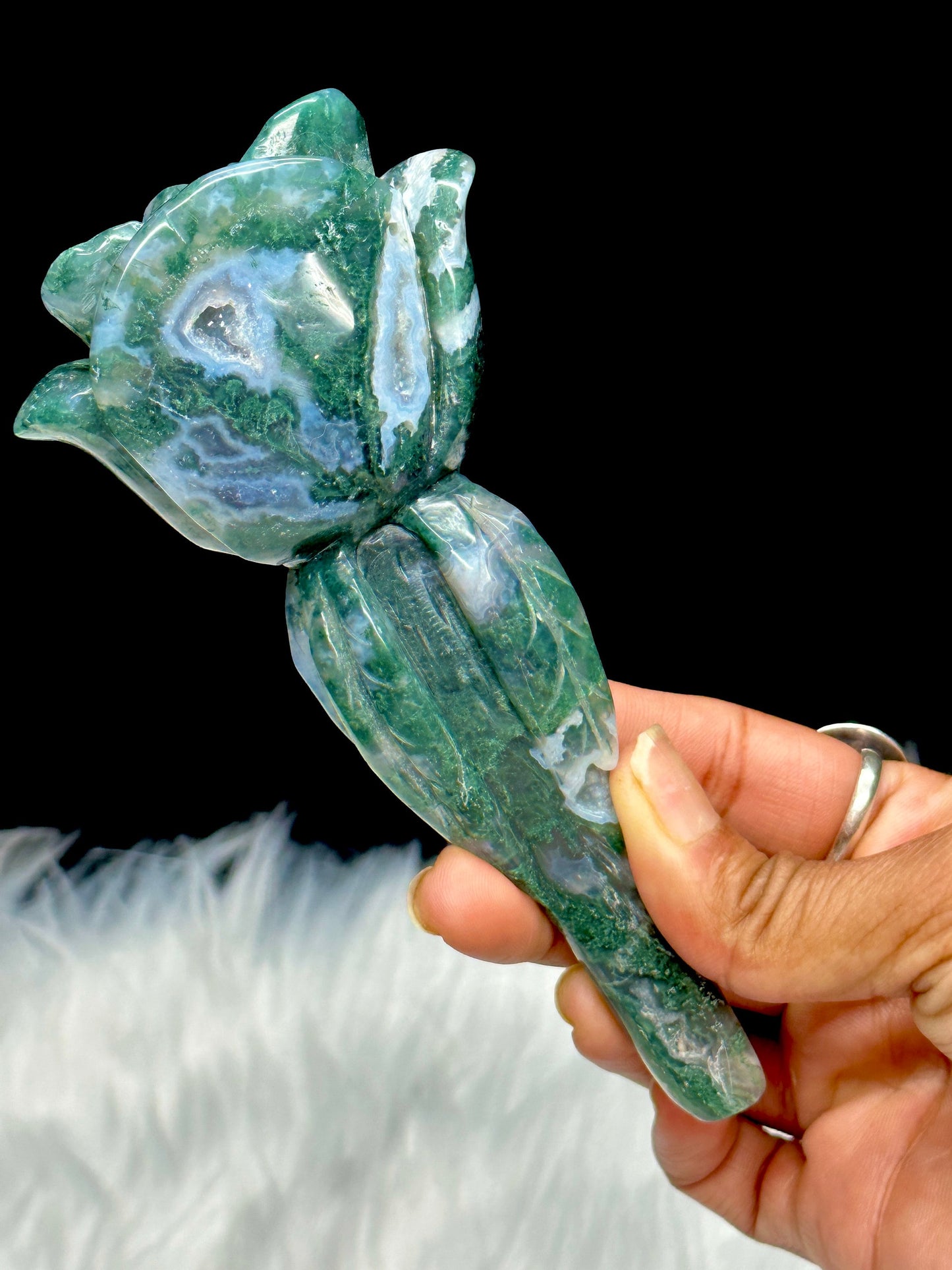 Beautiful Natural Moss Agate Rose Flower Carving, Gift Item, Home Decor