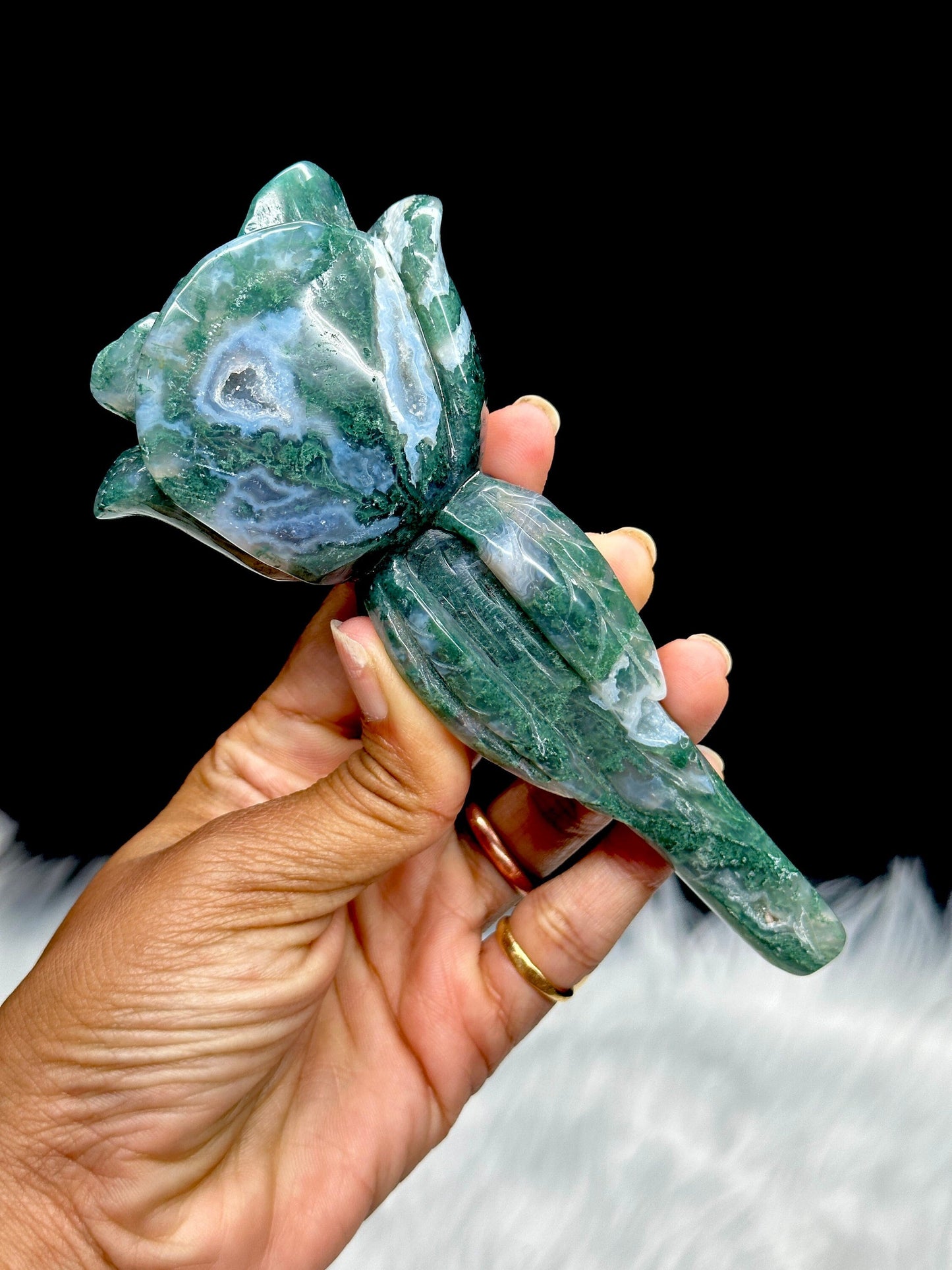 Beautiful Natural Moss Agate Rose Flower Carving, Gift Item, Home Decor