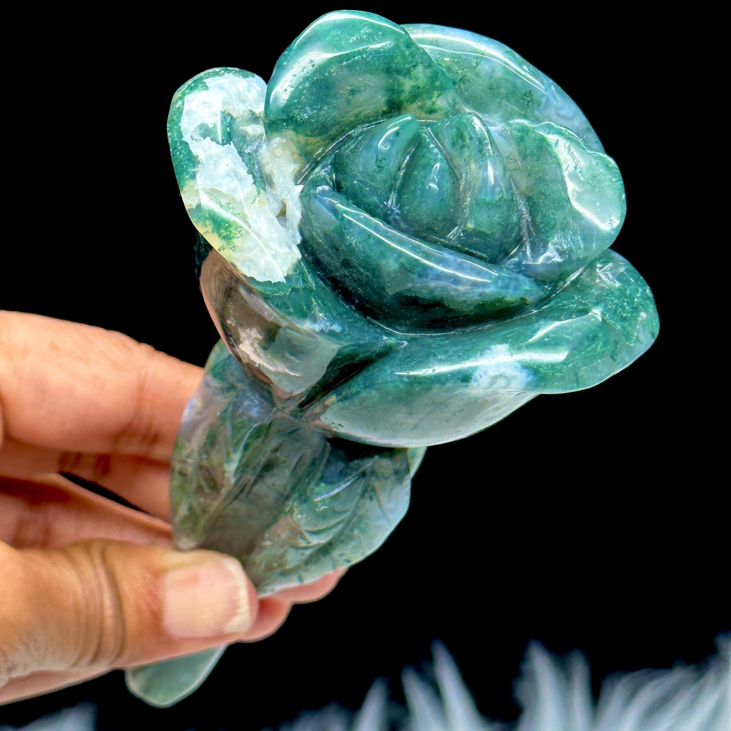 Beautiful Natural Moss Agate Rose Flower Carving, Gift Item, Home Decor