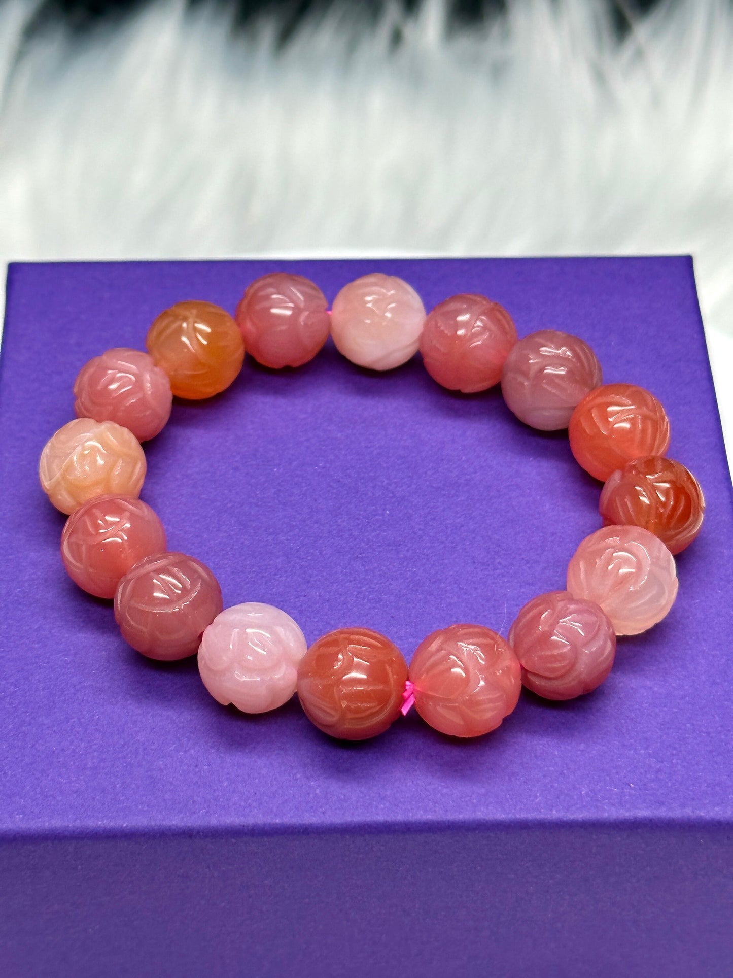 High-quality Natural Yanyuan Agate pink-red lotus flower bracelet, Stone of Strength  Yanyuan Agate Bracelet